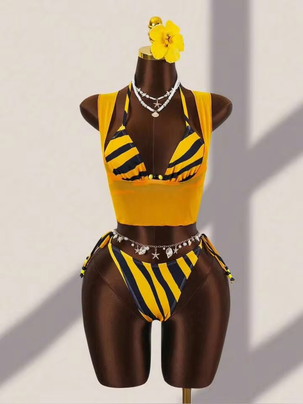 Yellow Striped Three-Piece Women’s Swim Set